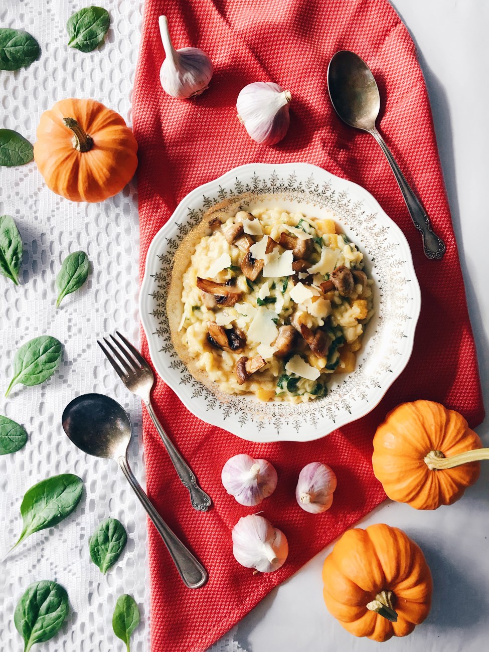 Risotto à la citrouille, champignon, épinards et fromage