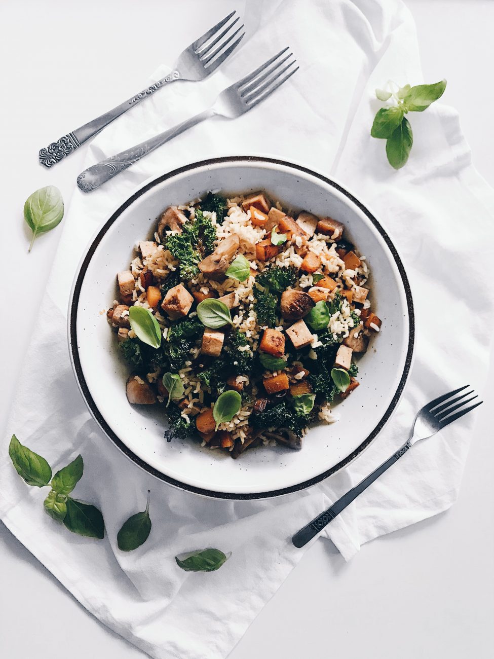Riz à la courge, tofu mariné et champignons | Squash, tofu, kale and mushrooms rice