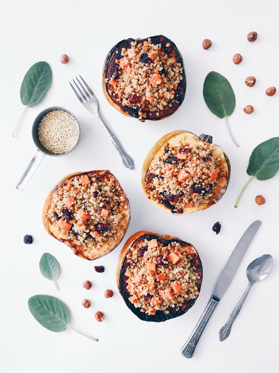 Courge rôtie garnie de quinoa, lentilles, légumes, canneberges séchés et noisettes | Quinoa, lentils and veggie stuffed squash with hazelnuts and dried cranberries